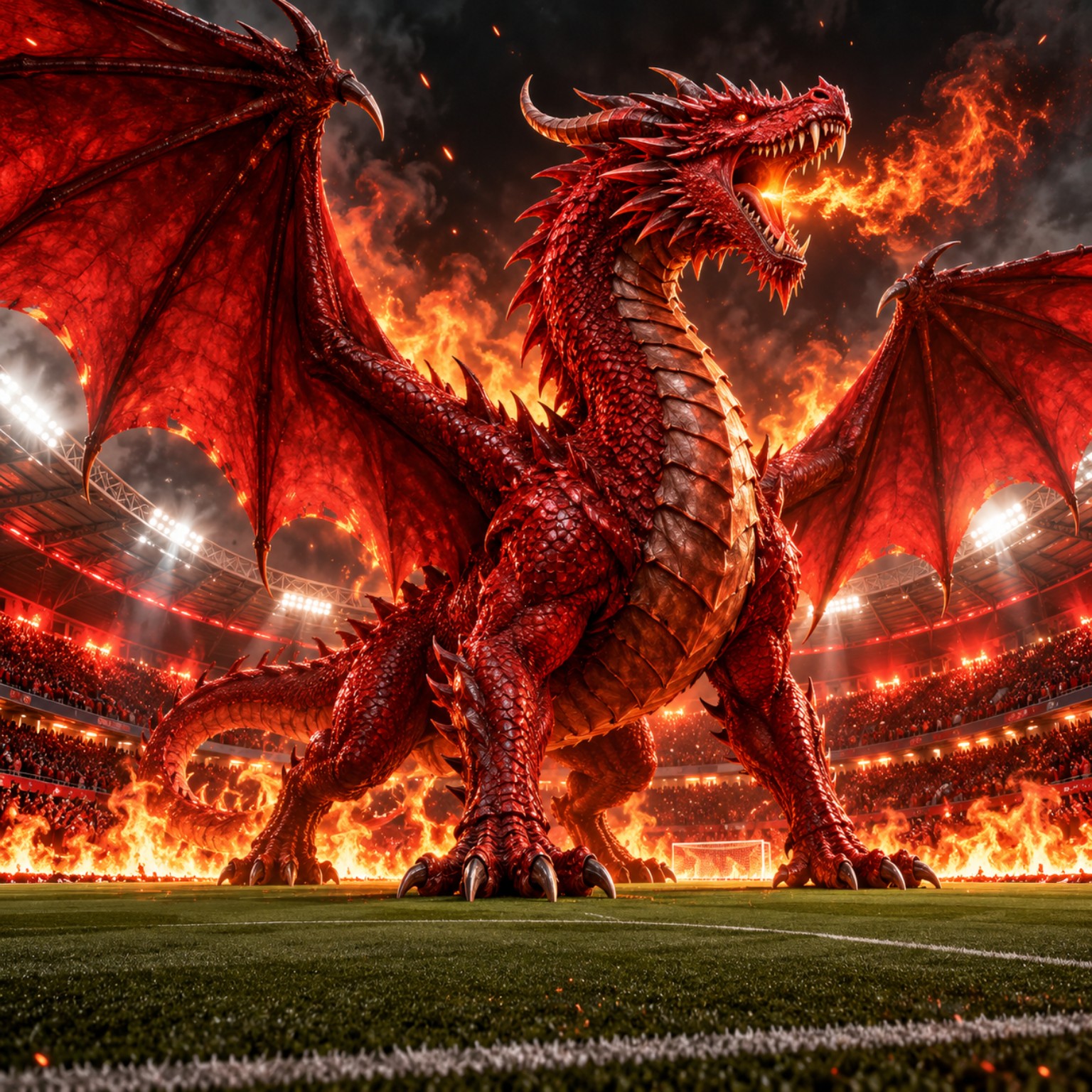 Red dragon breathing fire in a floodlit football stadium
